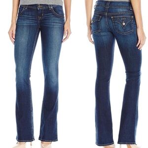 Vintage Y2K bootcut flare low rise flap pocket denim jeans dark wash blue USA 28